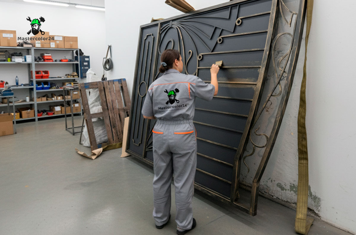 Кованые ворота, мусорка на реставрации